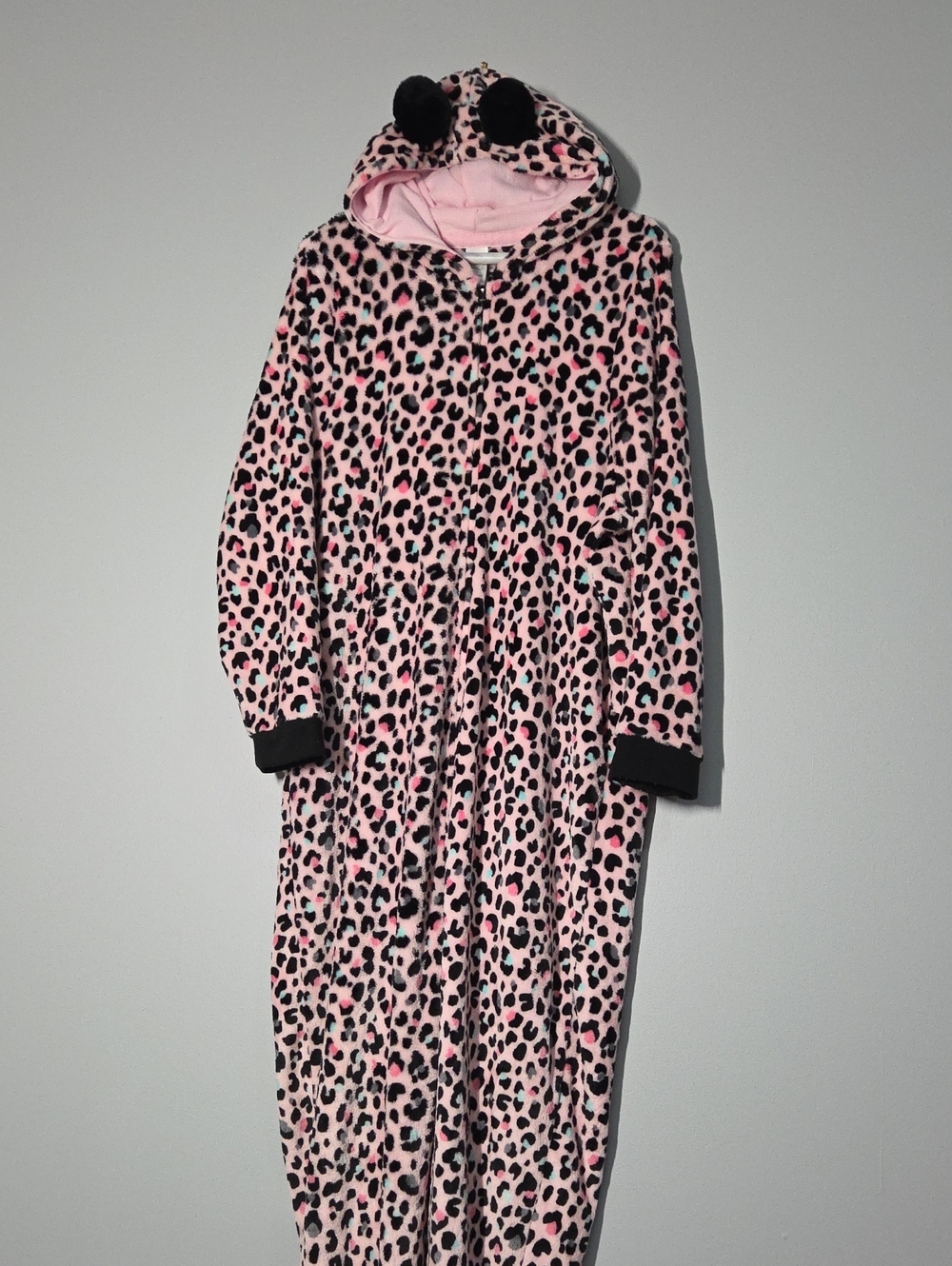 Place Pink Leopard Hooded Onesie with Black Accents